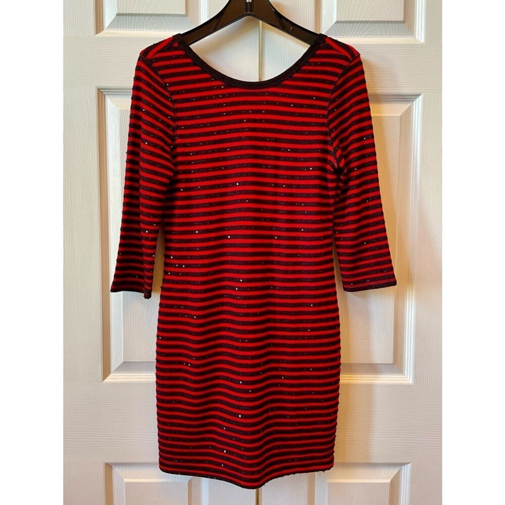 Express Red and Black Striped Long Sleeve Dress with Sparkle Size Medium